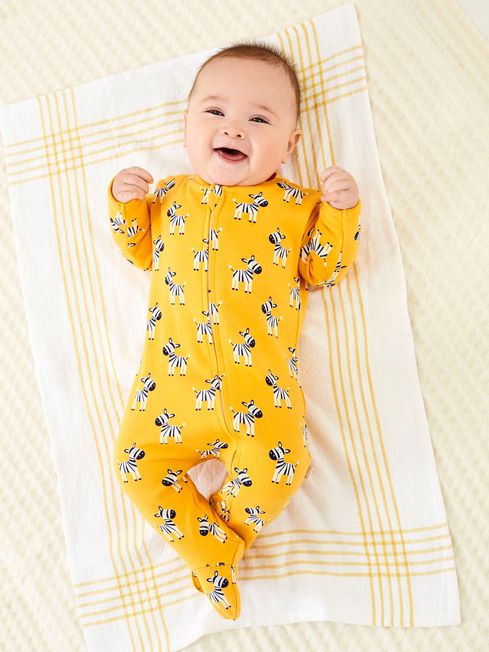 JoJo Maman Bébé Yellow Zebra Print Zip Cotton Baby Sleepsuit