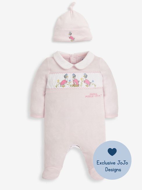 JoJo Maman B b Pink Jemima Puddle Duck Smocked Sleepsuit Hat Set