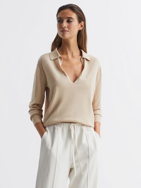 Reiss Camel Nellie Knitted Collared V-Neck Top