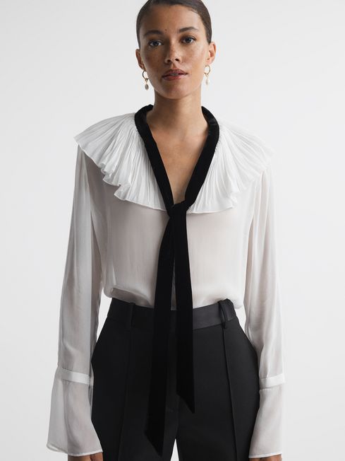 Reiss - azariah sheer ruffle velvet tie-neck blouse