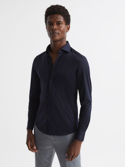 Reiss Navy Nate Cotton-Blend Jersey Cutaway-Collar Shirt