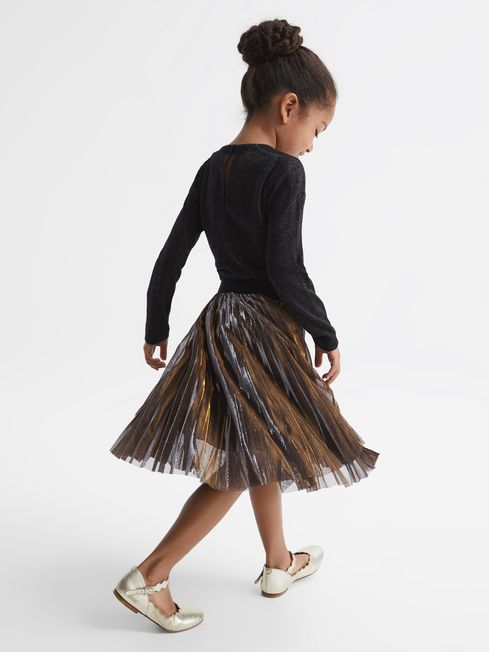 Reiss Gold/Black Alma Senior Metallic Pleated Skirt