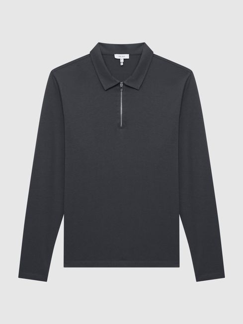 Reiss Slate Grey Rogue Textured Half Zip Long Sleeve Polo Shirt
