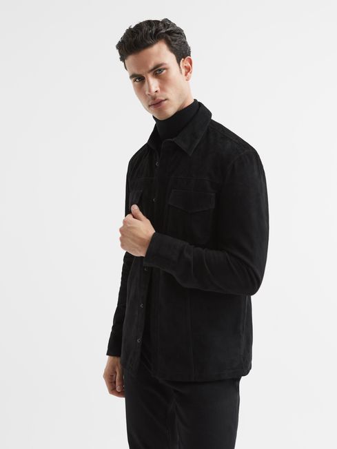 Reiss Black Baltimore PAIGE Twin Pocket Suede Overshirt