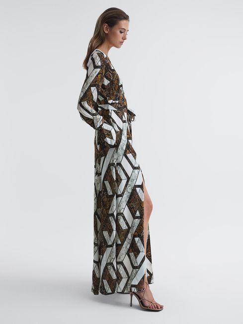Reiss Brown Loren Petite Snake Print Plunge Maxi Dress