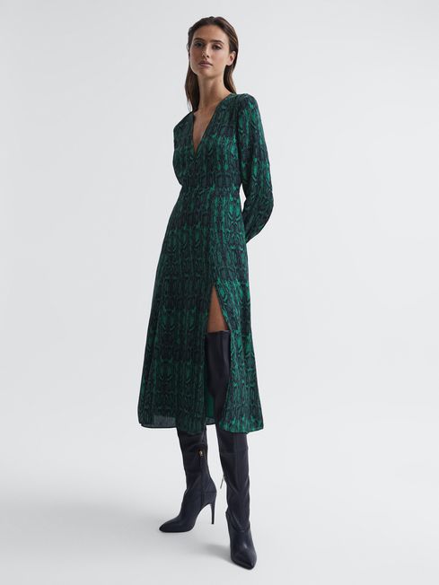 Reiss Teal Greta Long Sleeve Printed Midi Dress
