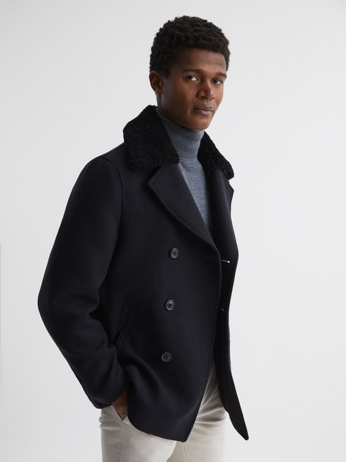 Reiss Wind Shearling Mid Length Pea Coat | REISS USA