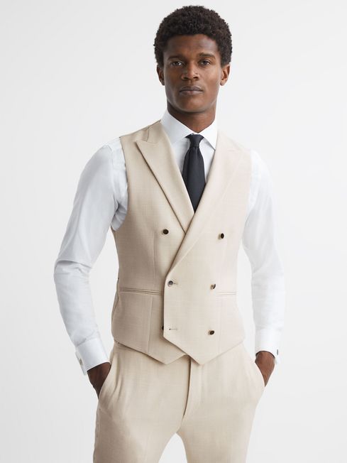 Reiss Ivory Gatsby Slim Fit Textured Double Breasted Waistcoat