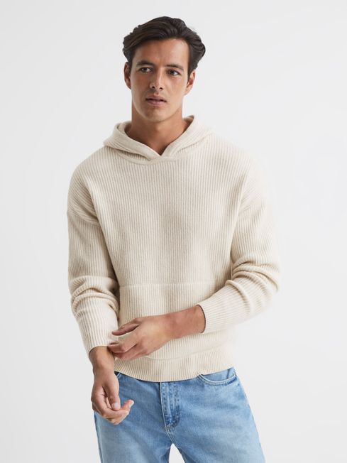 Dropped Shoulder Chunky Ribbed Hoodie in Stone Melange REISS USA