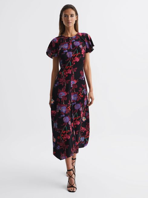 Reiss Black/Pink Leni Fitted Floral Print Midi Dress