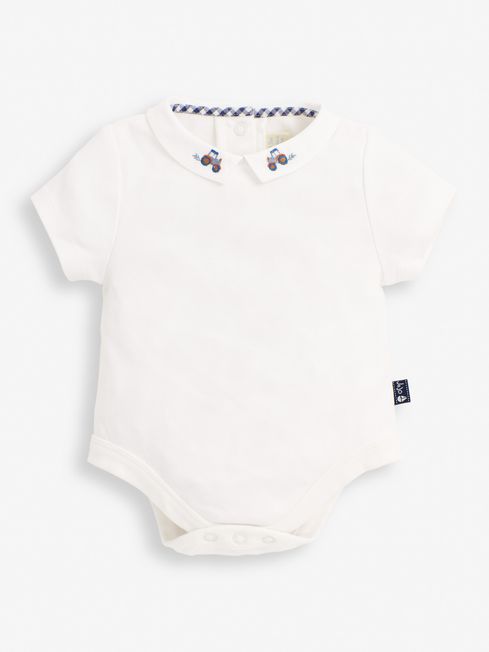 JoJo Maman Bébé White Tractor Embroidered Collar Baby Bodysuit