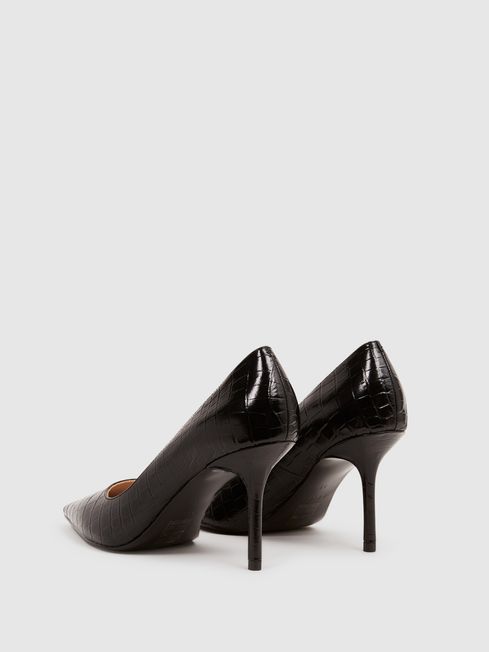 Reiss Black Elina Mid Heel Leather Court Shoes