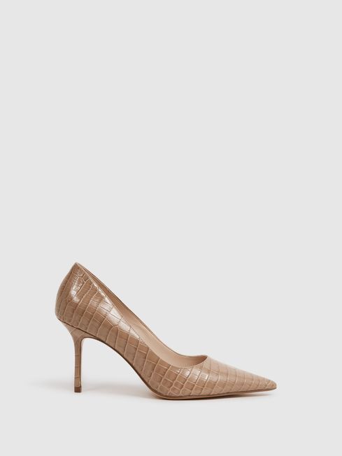 Reiss Camel Elina Mid Heel Leather Court Shoes
