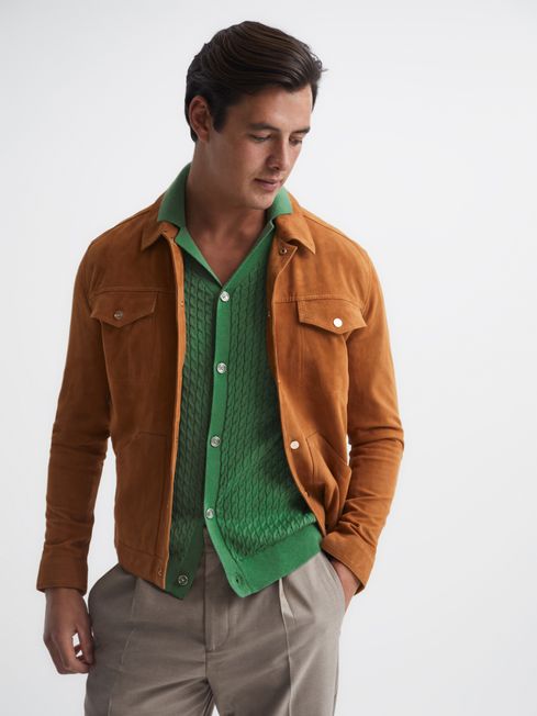 Reiss Emerald Grande Cable Knit Cuban Collar Button Through Shirt