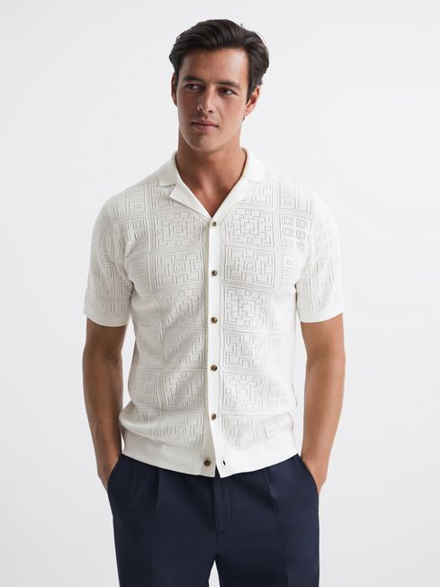 Reiss White Amersham Textured Button Through Shirt