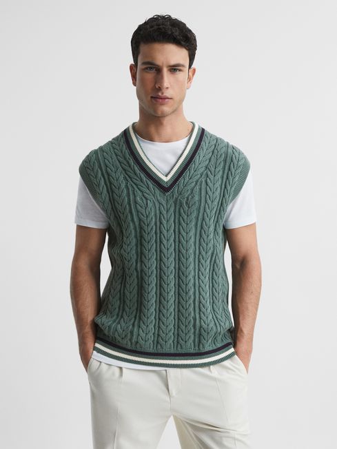 Reiss Pine Green Gove Sleeveless Cable Knit Vest
