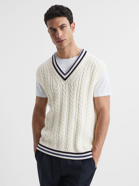 Reiss Ecru Gove Sleeveless Cable Knit Vest