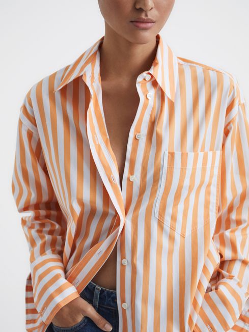 Reiss Orange/White Emma Relaxed Fit Striped Cotton Shirt