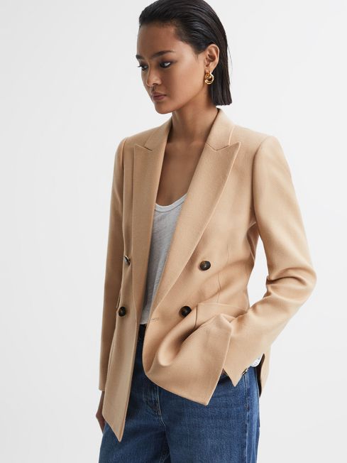 Reiss Light Camel Larsson Double Breasted Twill Blazer