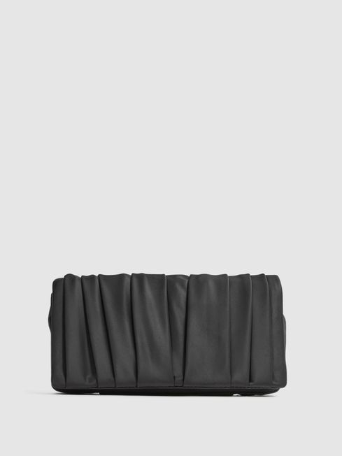 Reiss Black Camille Satin Pleated Clutch Bag