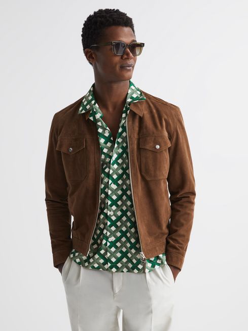 Reiss Green/Ivory Elden Slim Fit Cuban Collar Shirt