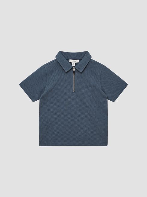Reiss Airforce Blue Creed Senior Slim Fit Textured Half Zip Polo Shirt