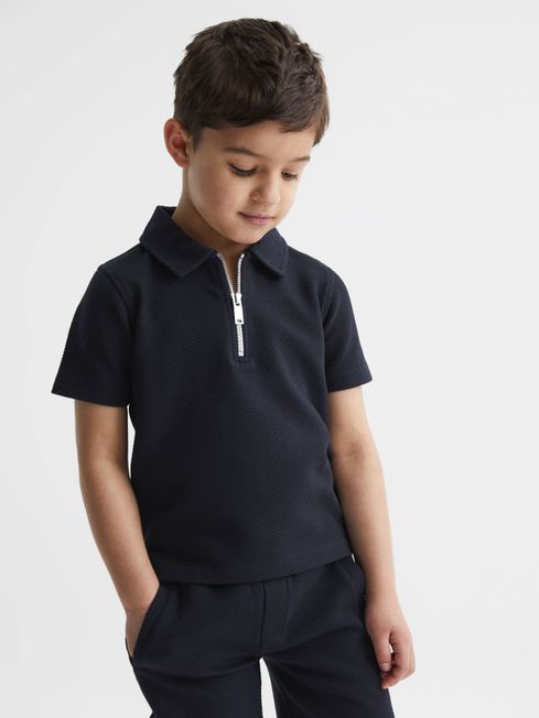 Reiss Navy Creed Junior Slim Fit Textured Half Zip Polo Shirt
