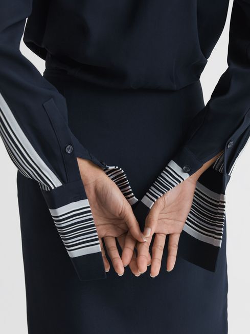 Reiss Navy Arabella Side Stripe Tie Front Midi Dress