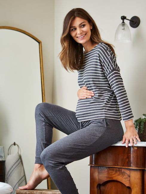JoJo Maman Bébé Charcoal Stripe Maternity & Nursing Pyjama Set