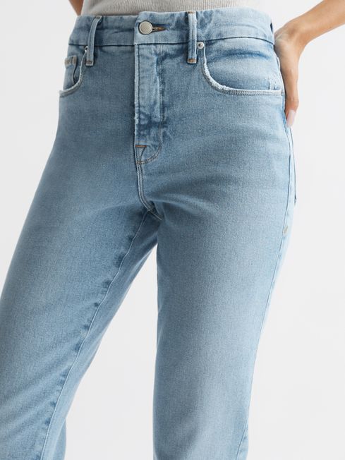 Good American High Rise Inseam Split Jeans in Mid Blue