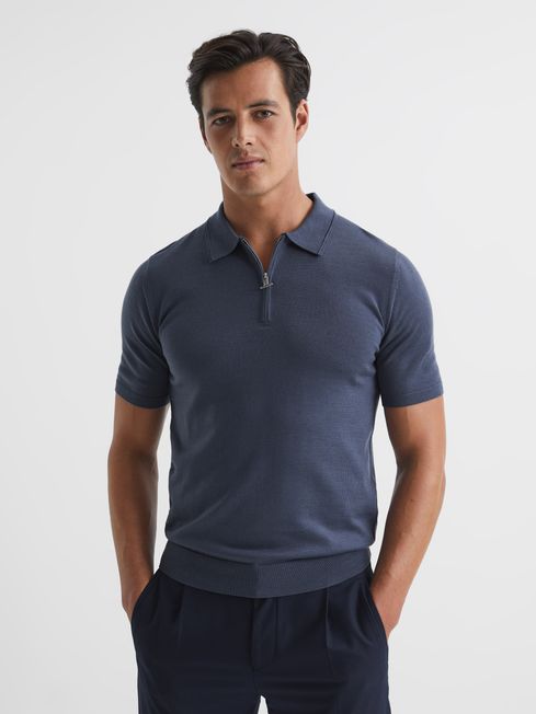 Reiss Steel Blue Newport Wool Half Zip Polo Shirt