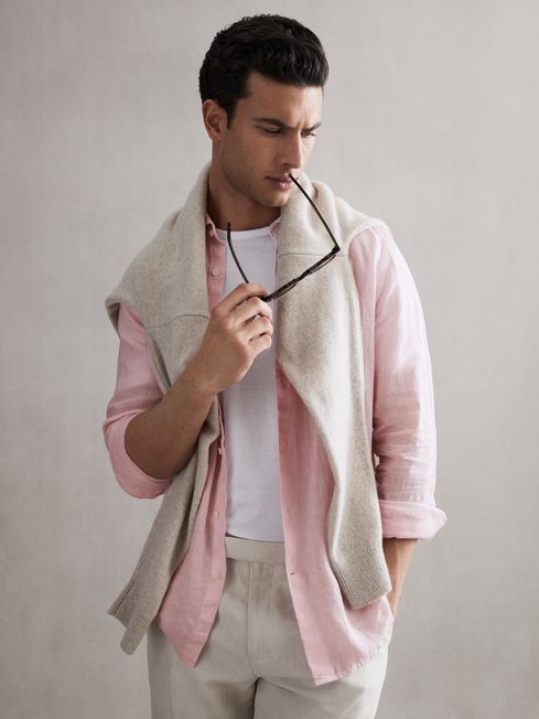 Reiss Soft Pink Ruban Linen Button-Through Shirt