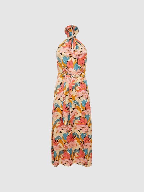 Reiss Electra Floral Printed Halter Neck Midi Dress | REISS Australia
