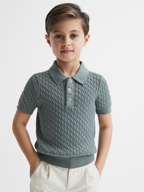 Junior Press Stud Cable Knit Polo Shirt in Dark Sage REISS USA