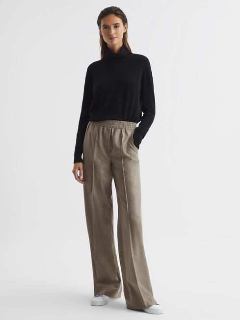 Reiss Taupe Clemmie Premium Wide Leg Wool Trousers
