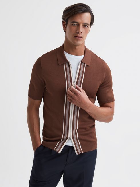 Reiss Rust Castleton Zip Front Striped Polo Shirt