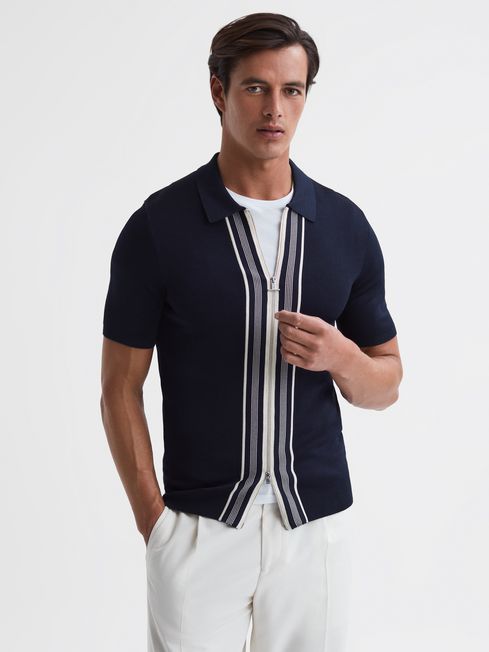Reiss Navy Castleton Zip Front Striped Polo Shirt