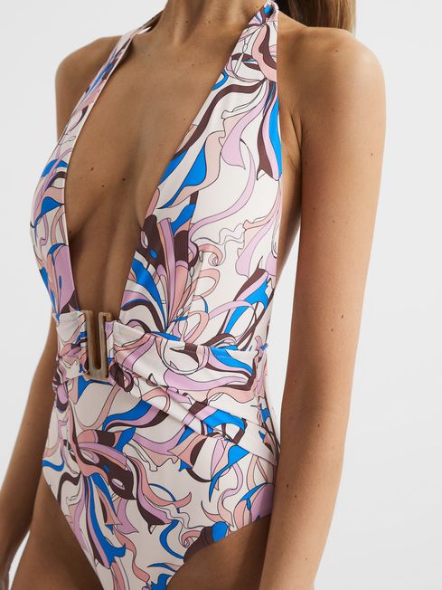 Reiss Multi Isabel Plunge Neck Abstract Print Swimsuit