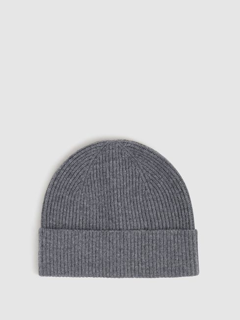 Reiss Charcoal Chaise Merino Wool Ribbed Beanie Hat