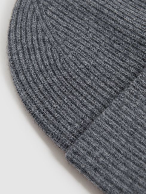 Reiss Charcoal Chaise Merino Wool Ribbed Beanie Hat