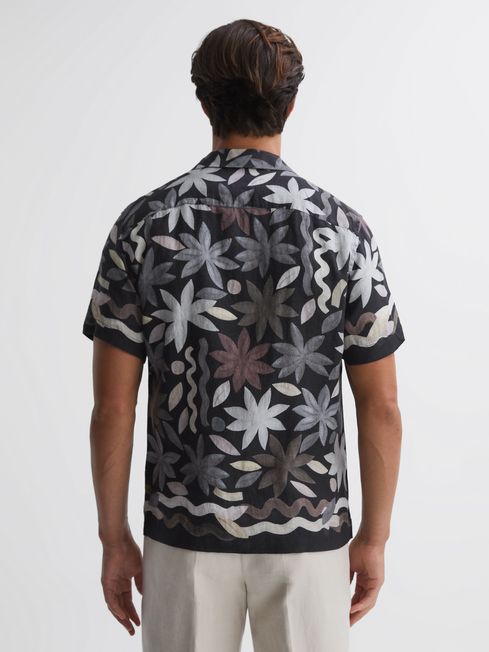 Reiss Black Multi Delphi Linen Floral Cuban Collar Shirt