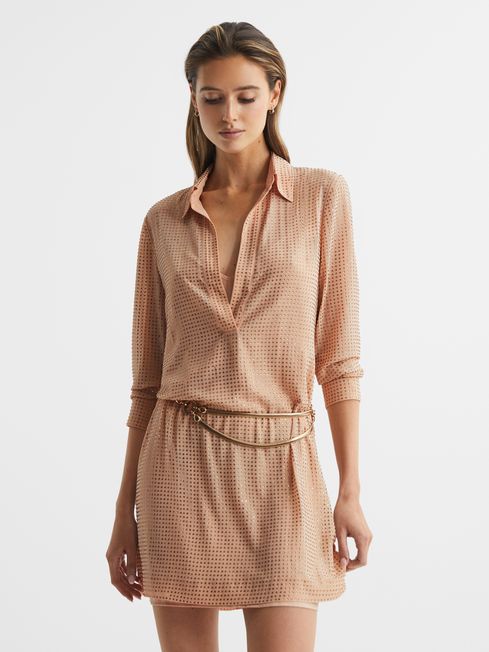 Reiss Nude Austin Embellished Mini Shirt Dress