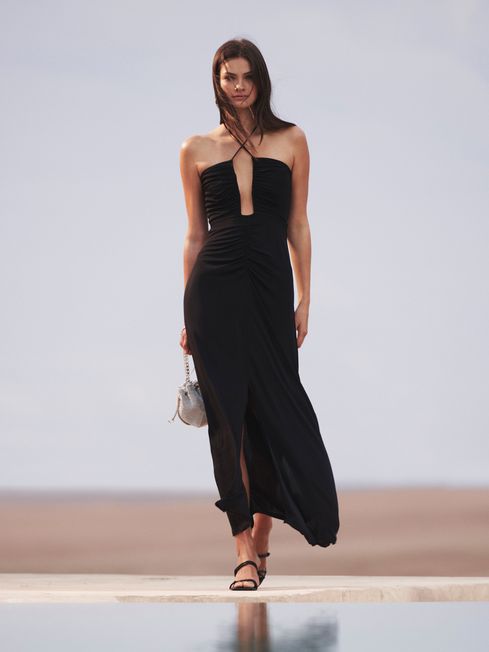 Reiss Black Lana Plunge Halter Neck Maxi Dress