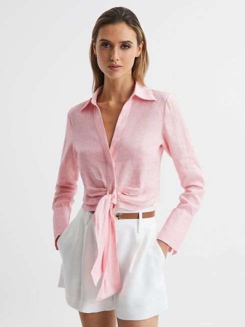 Reiss Pink Dahlia Linen Cropped Tie Front Blouse