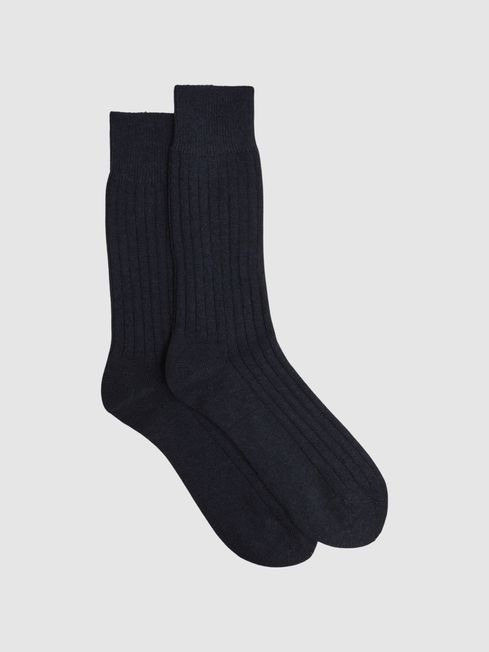 Reiss Navy Cirby Wool-Cashmere Blend Ribbed Socks