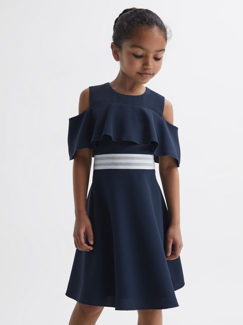 Reiss Navy Paulina Junior Off-The-Shoulder Dress