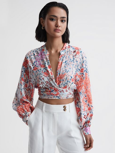 Reiss Elle Floral Print Tie Front Cropped Blouse | REISS USA