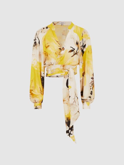Reiss Yellow Odette Floral Print Cropped Blouse