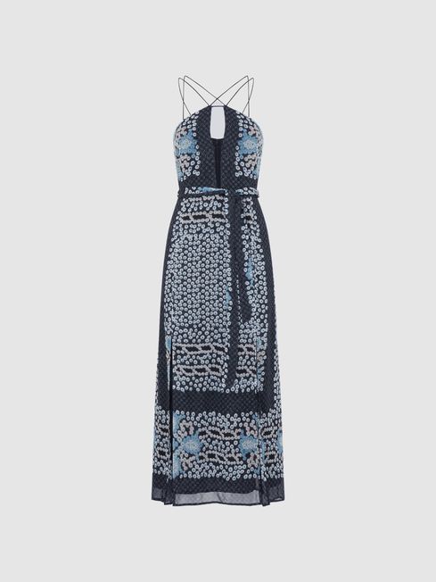 Reiss Navy/Blue Aliana Floral Print Fitted Midi Dress
