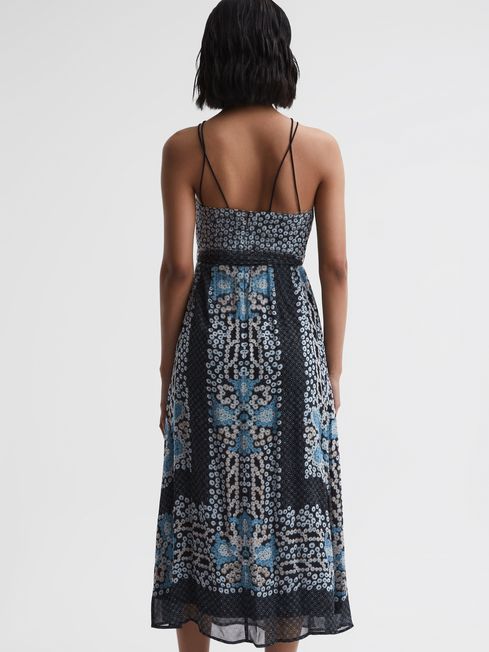 Reiss Navy/Blue Aliana Floral Print Fitted Midi Dress